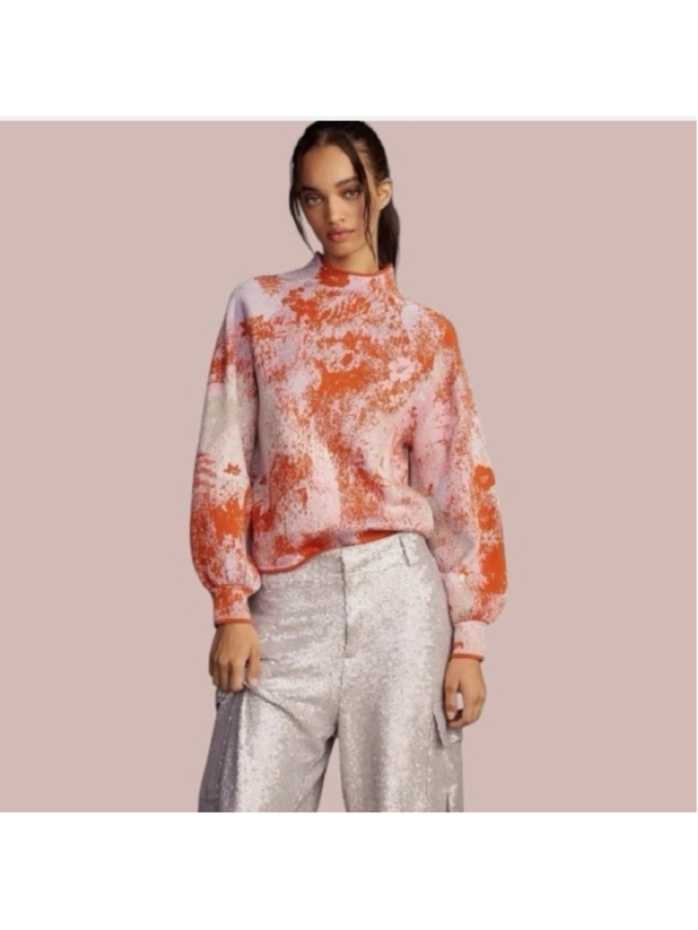 Anthropologie Abstract Metallic Knit Mock Neck Sweater Small Pink Orange Balloon - Picture 2 of 11